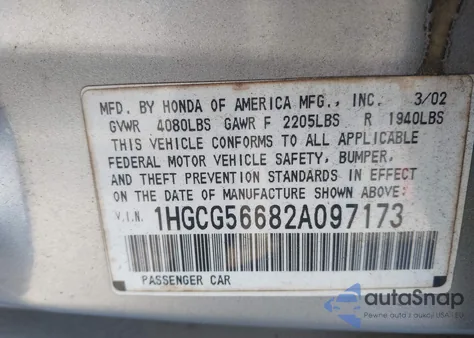 2002 Honda Accord 2.3 Ex из США, поврежденный, VIN 1HGCG56682A097173